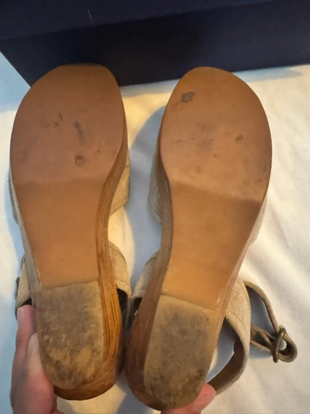 PRADA Milano Beige Suede Platform Wedge Sandals Ankle Strap 37.5 With Box